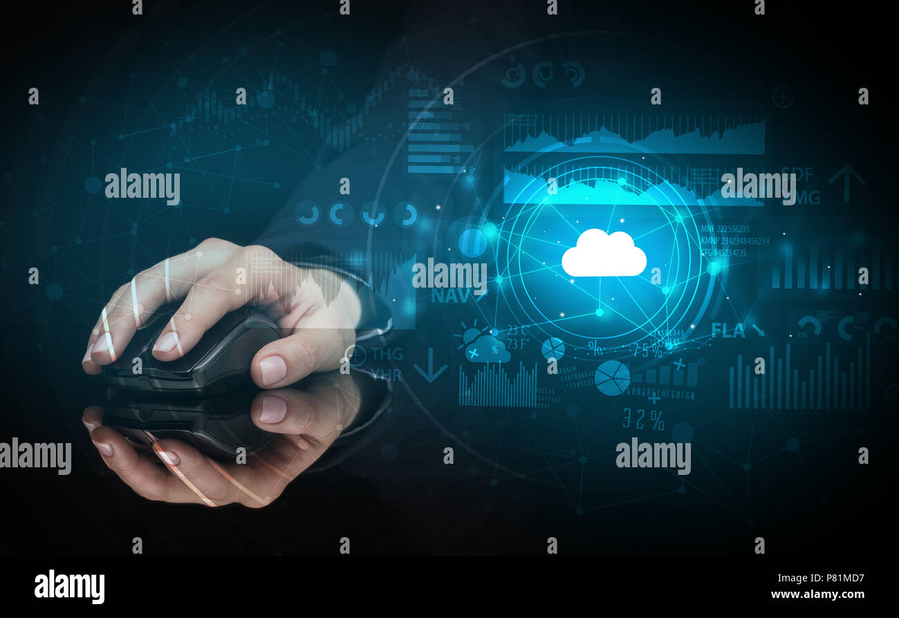 Hand using wireless mouse with cloud technology concept and dark background Stock Photo