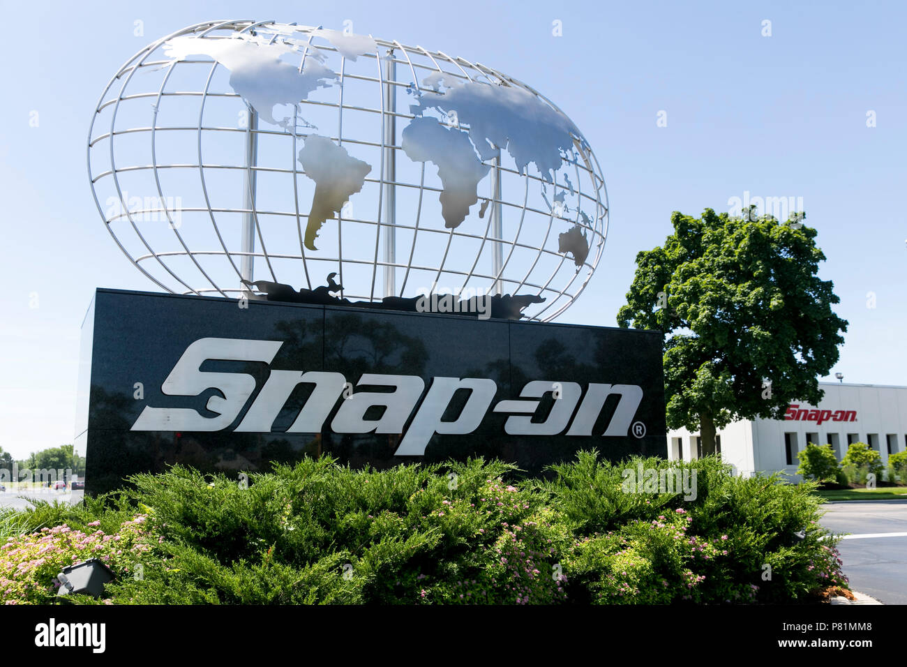 A logo sign outside of the headquarters of Snapon, Inc., in Kenosha