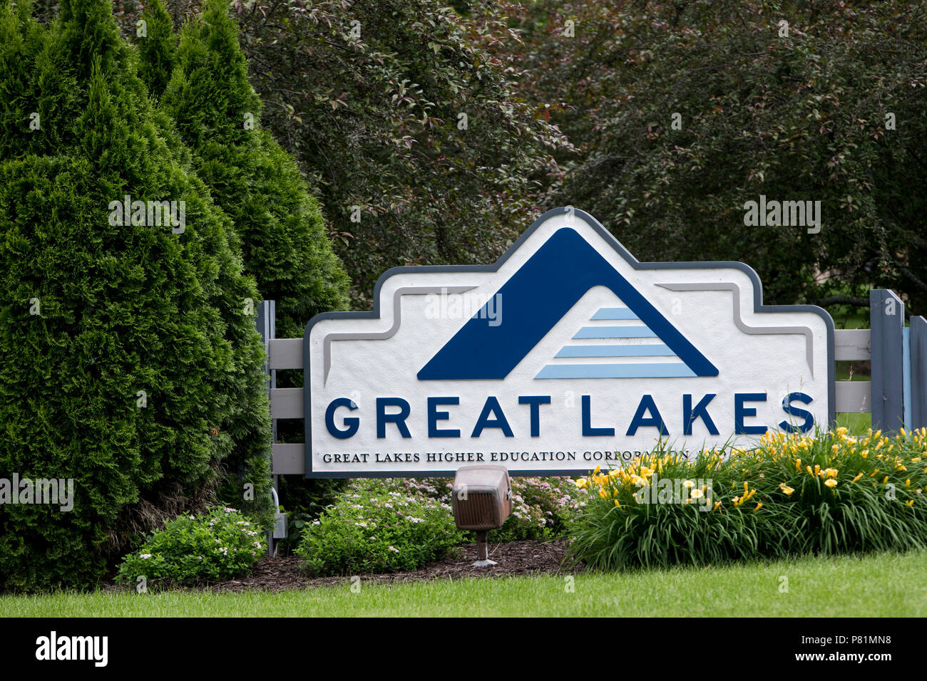 A logo sign outside of the headquarters of the Great Lakes Higher Education Corporation in Madison, Wisconsin, on June 23, 2018. Stock Photo