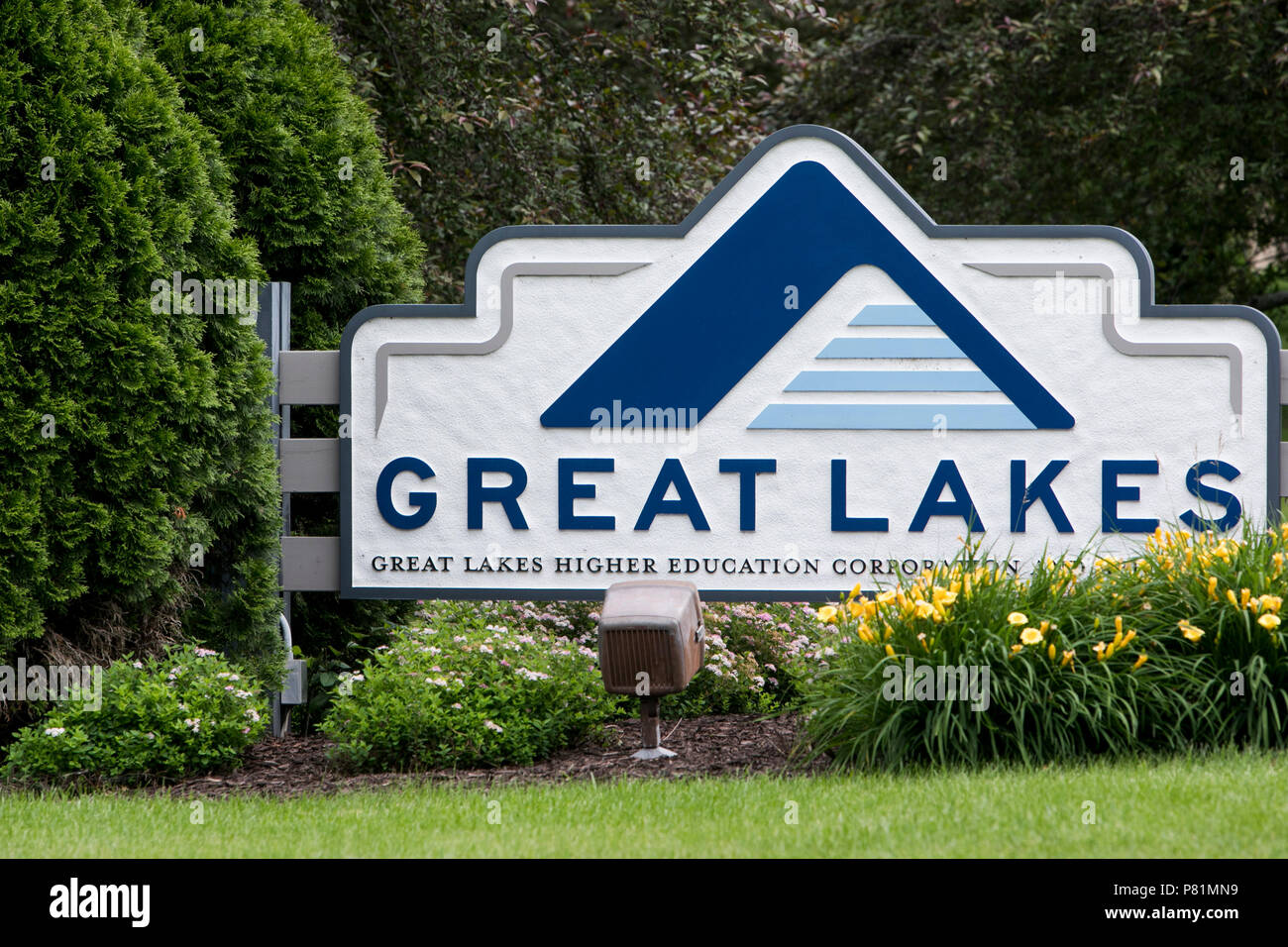 A logo sign outside of the headquarters of the Great Lakes Higher Education Corporation in Madison, Wisconsin, on June 23, 2018. Stock Photo