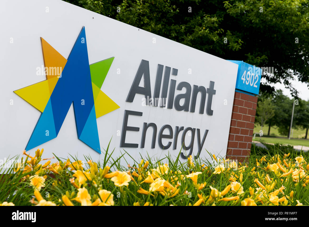 a-logo-sign-outside-of-the-headquarters-of-alliant-energy-in-madison