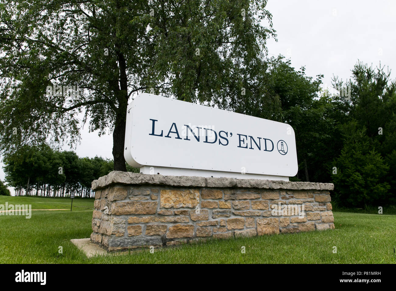 A logo sign outside of the headquarters of Lands' End in Dodgeville