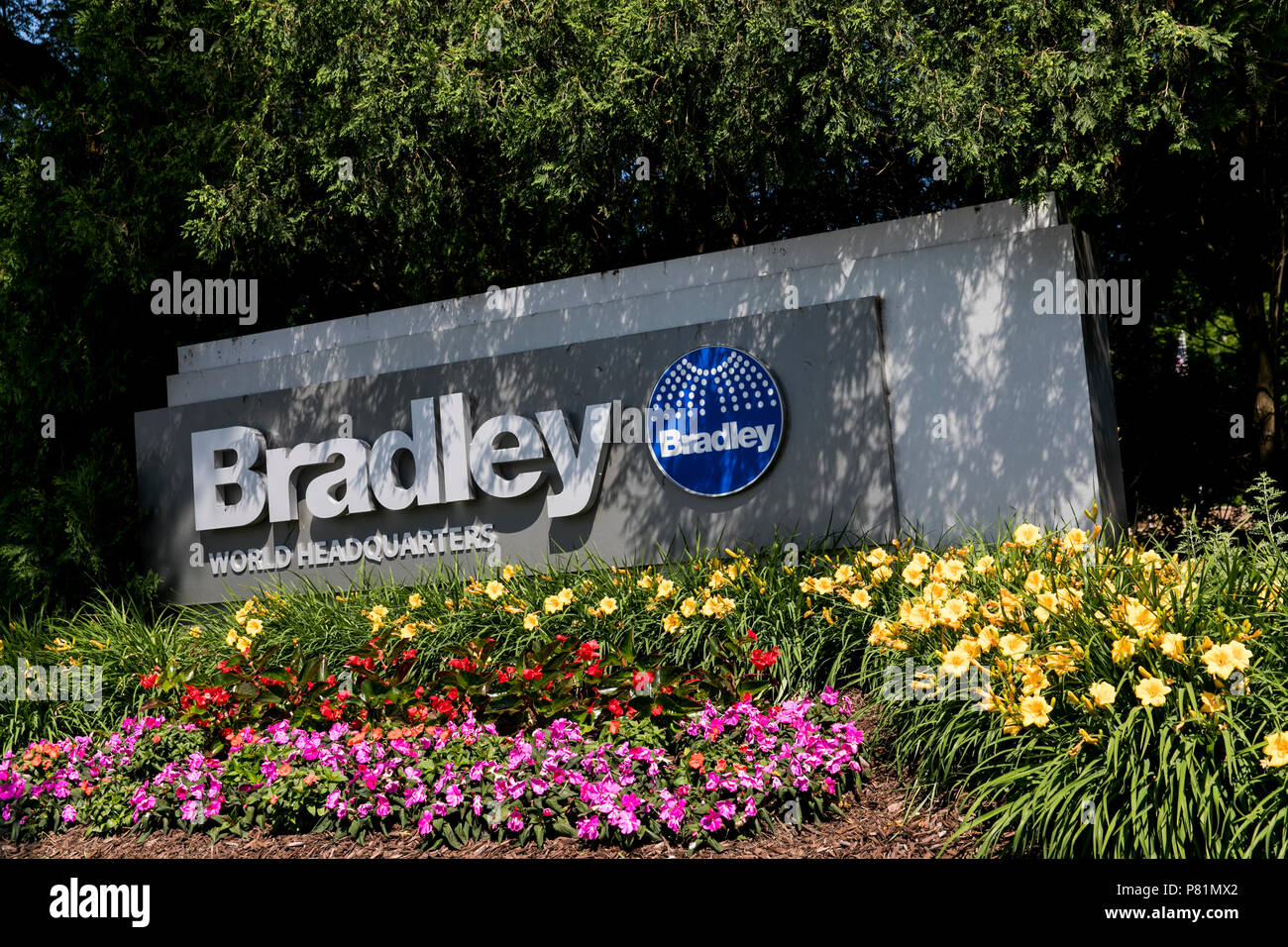 A logo sign outside of the headquarters of the Bradley Corporation in
