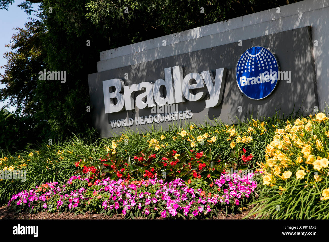 A logo sign outside of the headquarters of the Bradley Corporation in