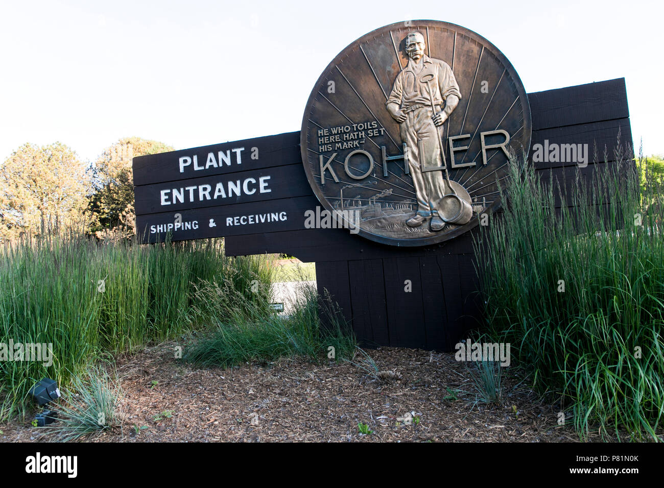 A logo sign outside of the headquarters of Kohler Co., in Kohler