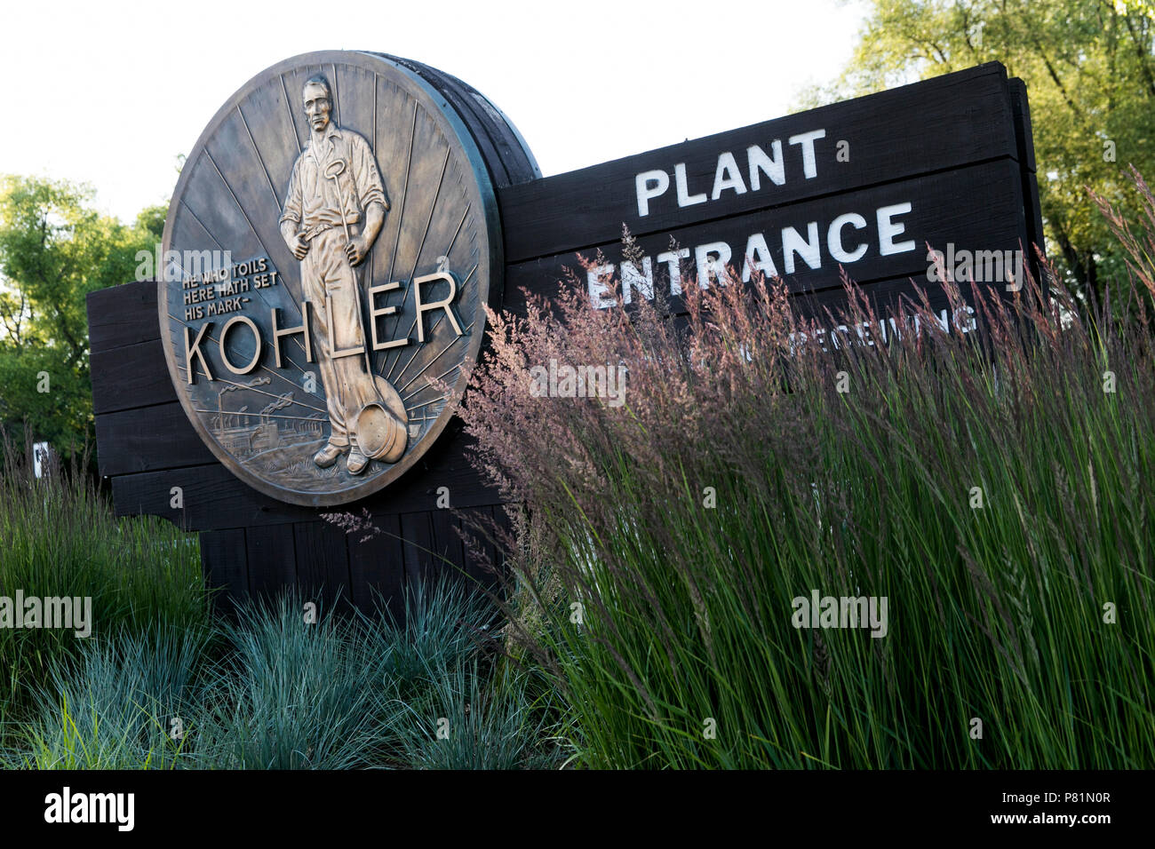 A logo sign outside of the headquarters of Kohler Co., in Kohler