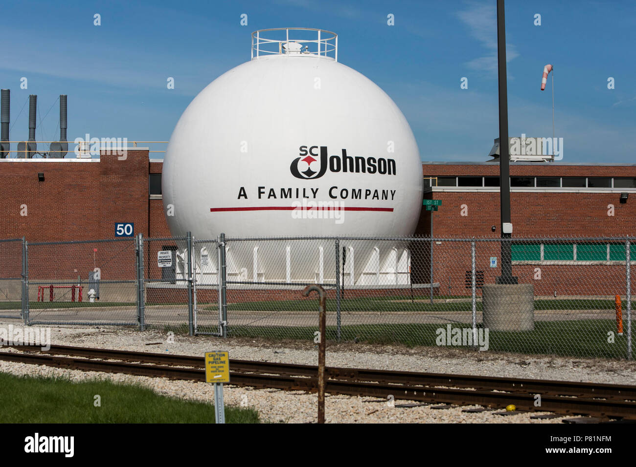 A logo sign outside of a facility occupied by S. C. Johnson & Son in Mt. Pleasant, Wisconsin on June 23, 2018. Stock Photo