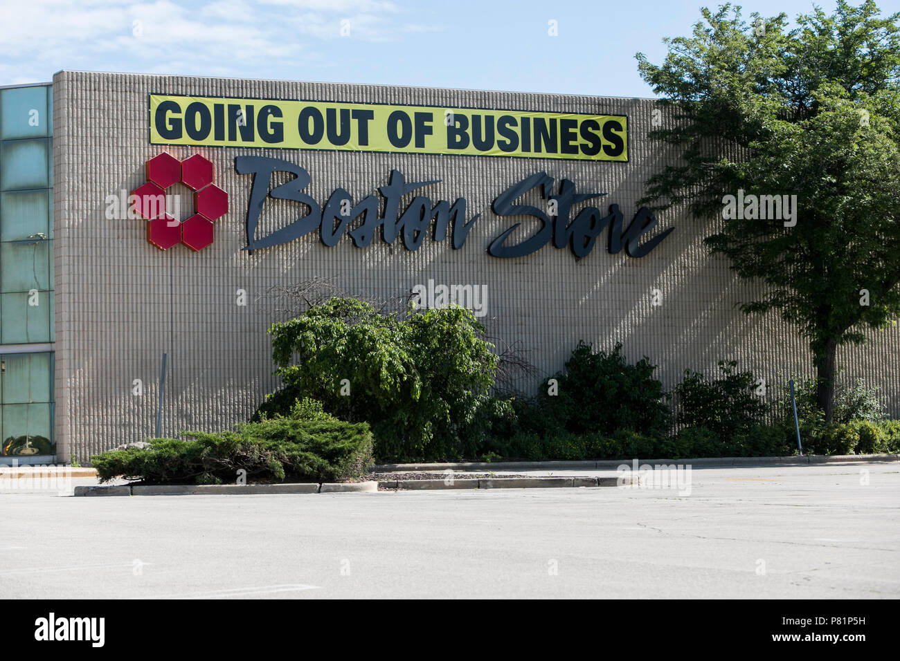A 'Going Out Of Business' sign outside of a Boston Store retail store in Racine, Wisconsin on June 23, 2018. Stock Photo