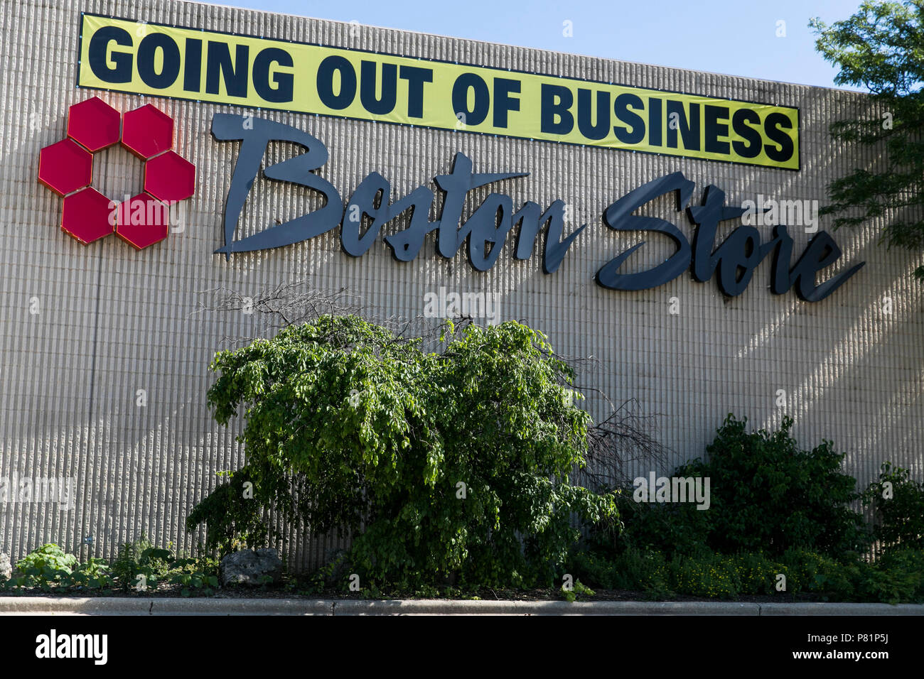 A 'Going Out Of Business' sign outside of a Boston Store retail store in Racine, Wisconsin on June 23, 2018. Stock Photo