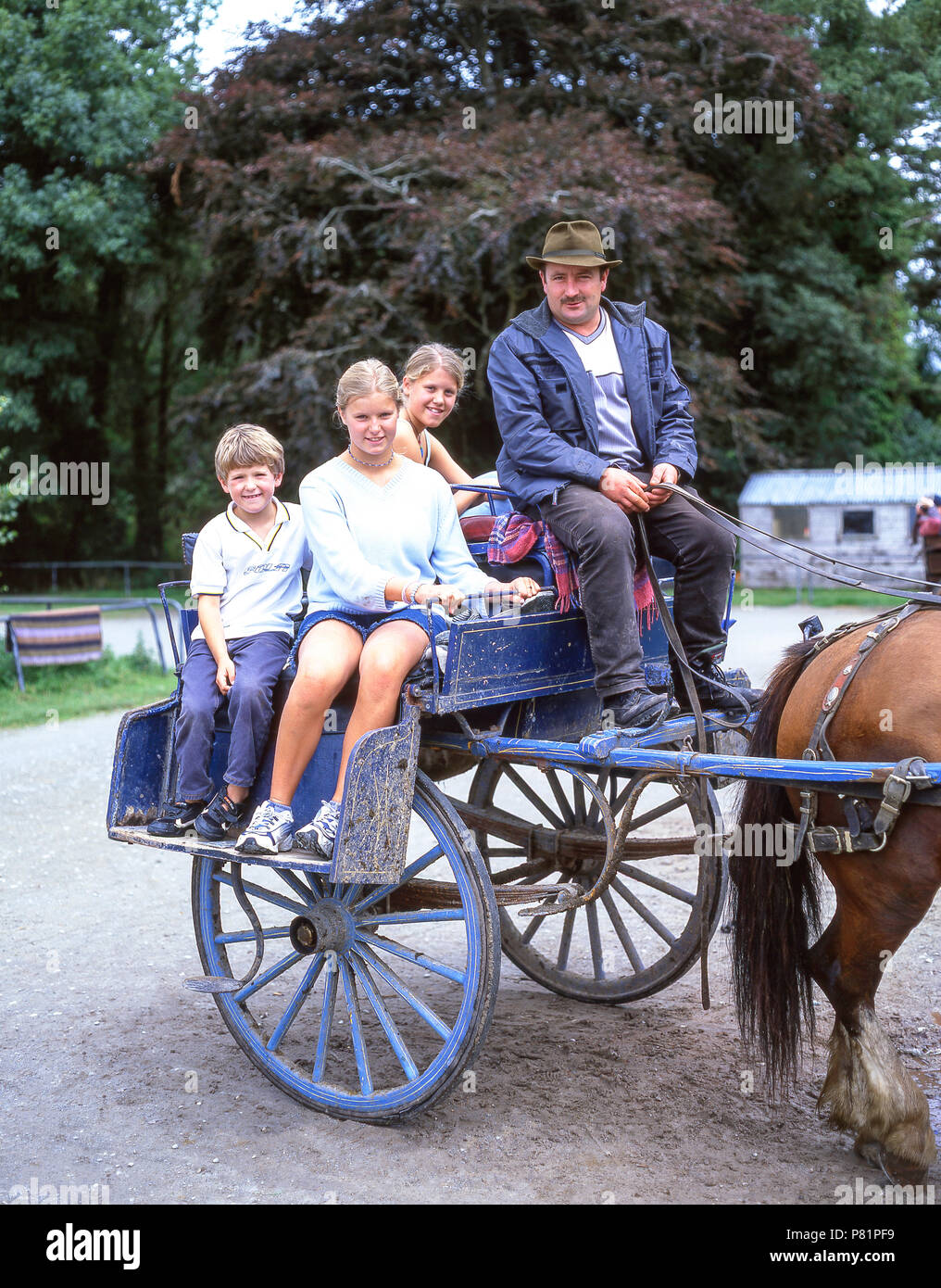 Children on horse-trap in gardens of Muckross House, Killarney National Park, County Kerry, Munster Province, Republic of Ireland Stock Photo
