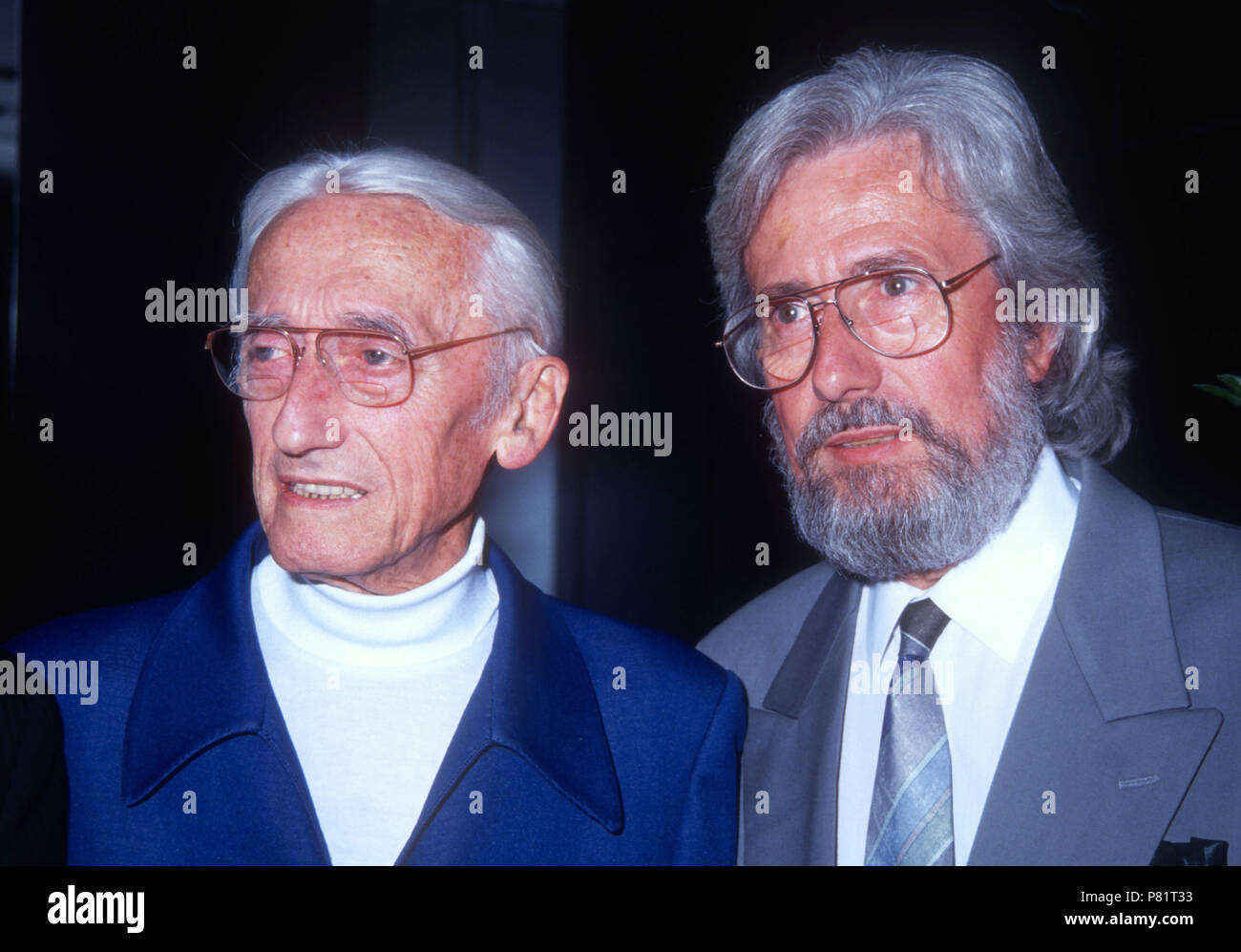 BEVERLY HILLS, CA - JANUARY 28: (L-R) French explorer.conservationist  Jacques Cousteau and his son French Explorer Jean-Michel Cousteau attend  the screening of 'An Evening With Cousteau' on January 28, 1992 at the