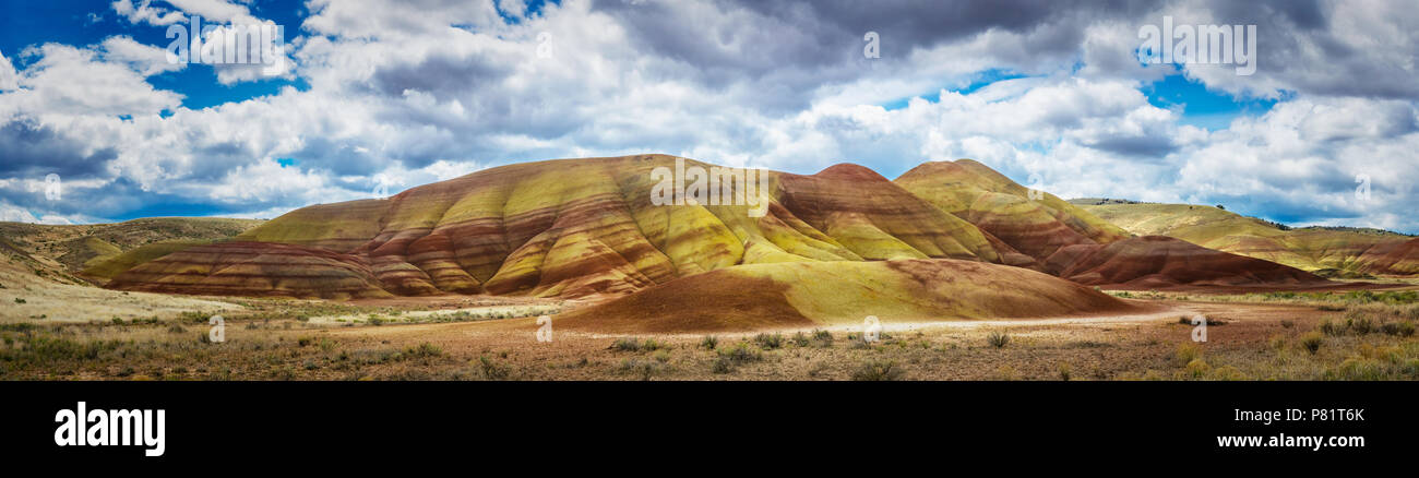 Beautiful panorama of sedimentary rock formation in the Painted Hills, John Day Beds Fossil National Monument, Mitchell, Central Oregon, USA. Stock Photo