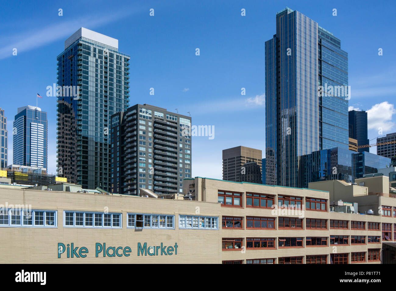 Seattle Cityscape from the Pike Place Market including the West Edge Tower and the Russel Investments Center, WA, USA. Stock Photo