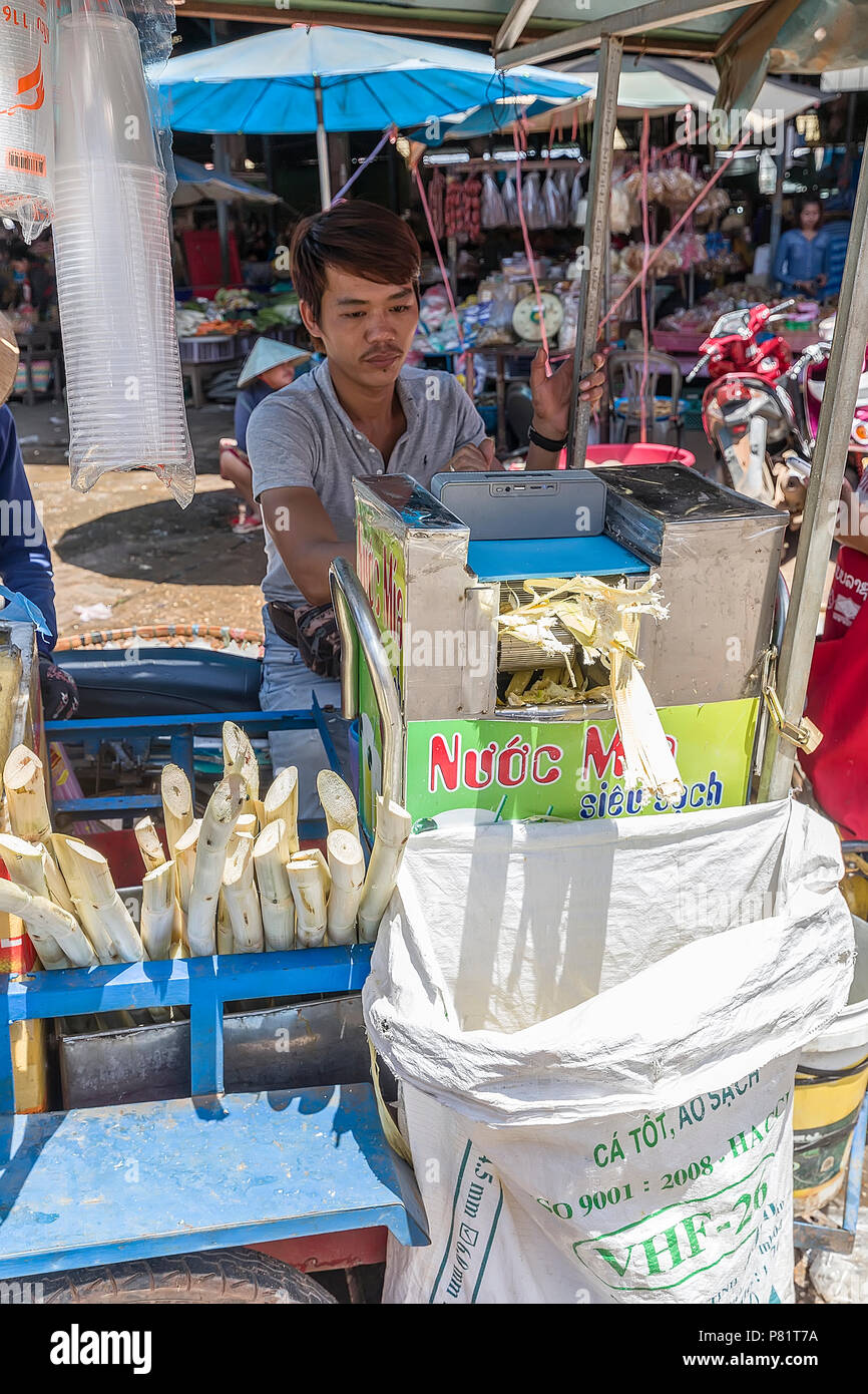 Street vendor squeezing sugar cane to make sweet drinks in market, Pakse, Laos Stock Photo