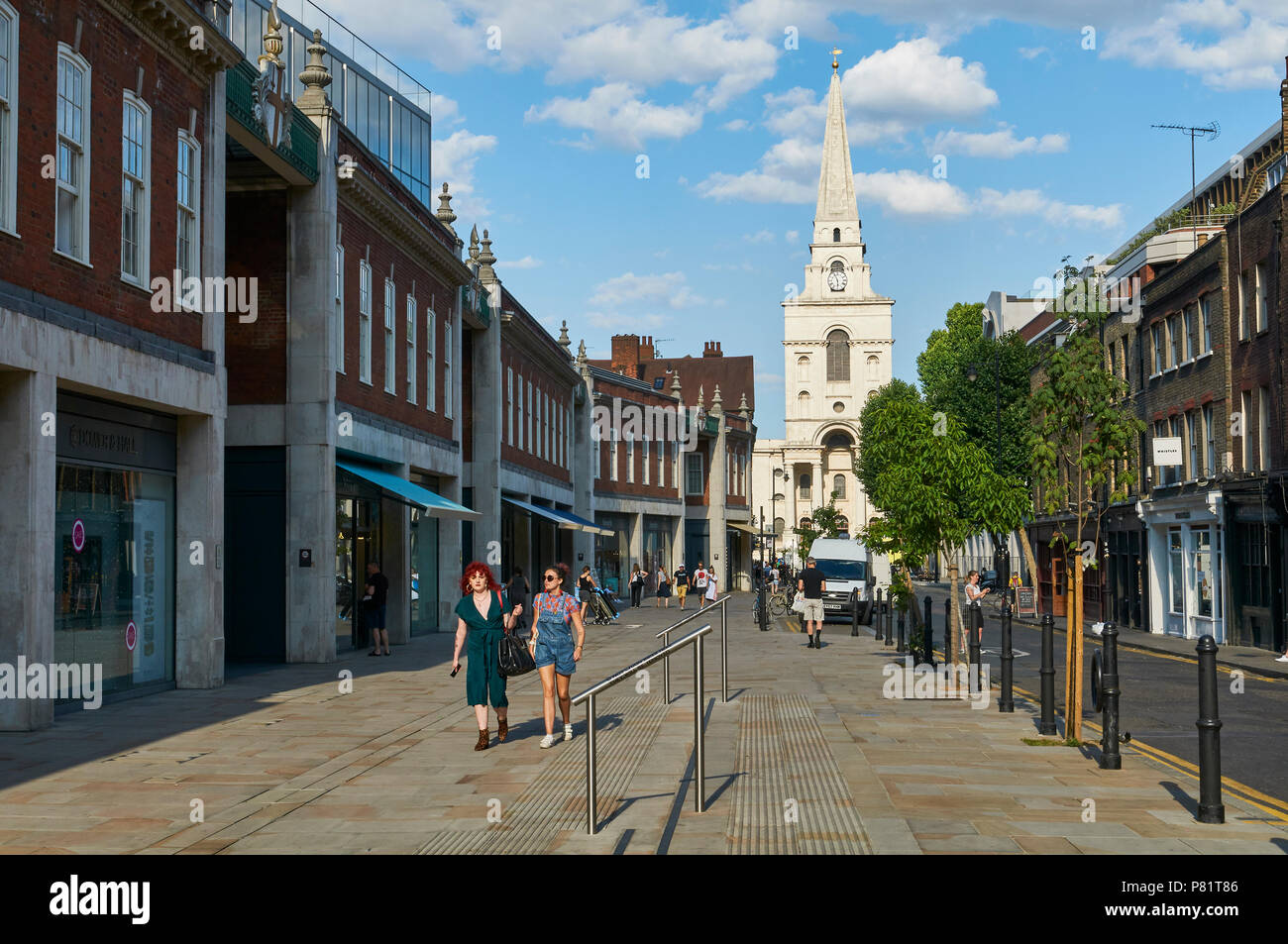 Brushfield Street next to Spitalfields Market, East London UK, with Christ Church Spitalfields in background Stock Photo