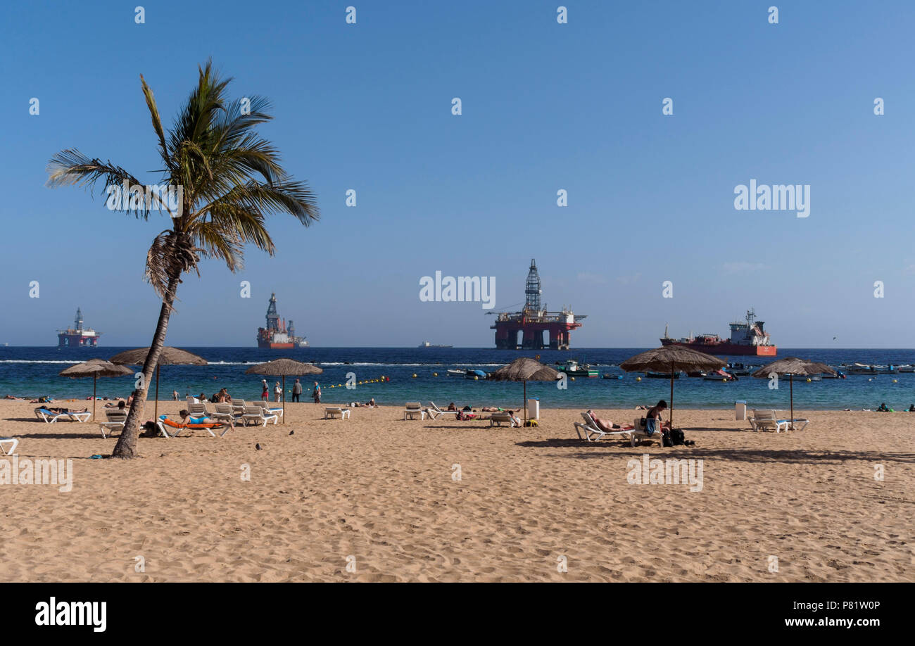 Tenerife, Canary Islands - Las Teresitas, man-made beach north west of Santa Cruz. Oil exploration rigs, drilling platforms. Protests aim to halt Reps Stock Photo