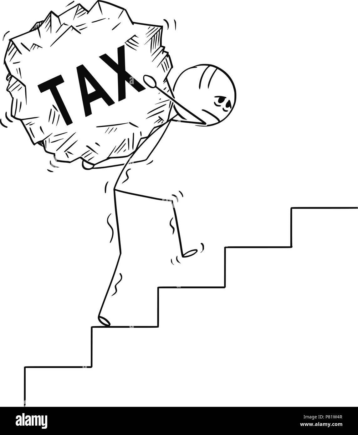 Cartoon of Man Carrying Upstairs Big Piece of Rock With Text Tax Stock Vector