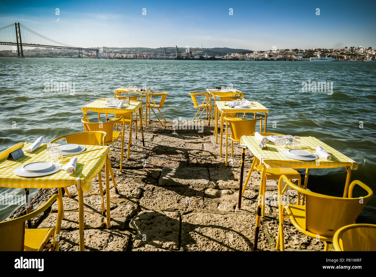 Lisbon, Portugal. Recreation by the Targus riverside at the restaurant Ponto Final in Almada Stock Photo