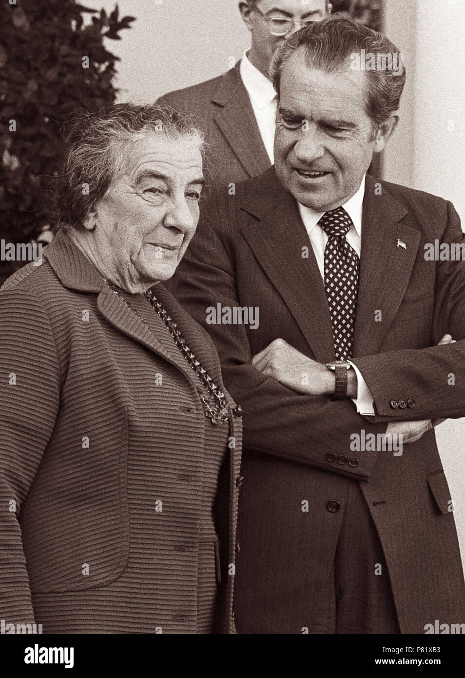 Israeli Prime Minister Golda Meir with President Richard M. Nixon at the White House on March 1, 1973. Stock Photo