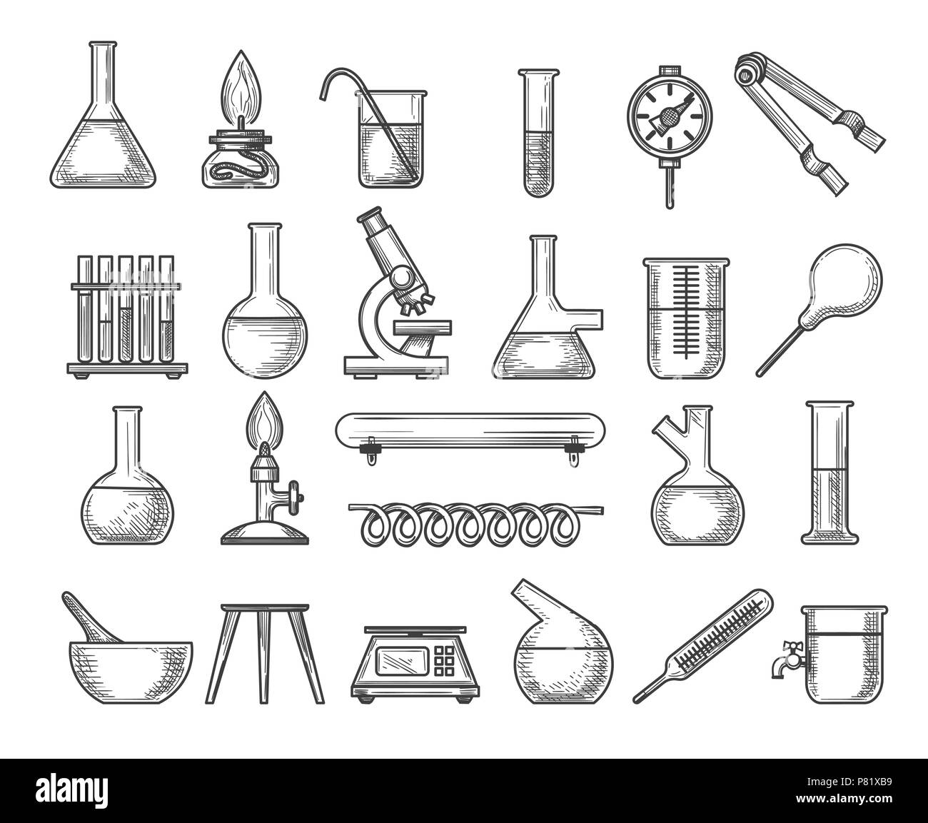 Vintage chemistry lab. Vector ink engraving retro physics laboratory pipe and scale, glass flasks and beaker isolated on white Stock Vector