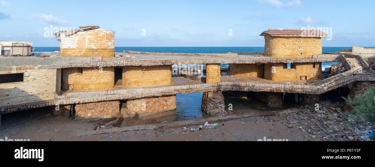 Deteriorated cabin of Egyptian formal president Muhammad Anwar el-Sadat who used to spend his summer holidays in located in Montaza Park by the coast  Stock Photo