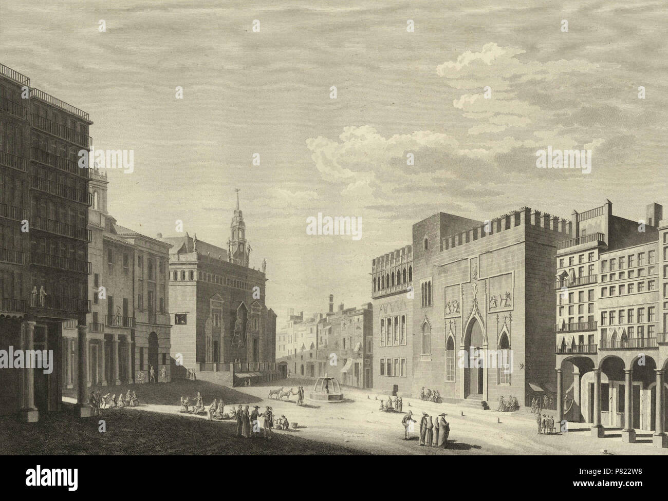 Español: Plaza del Mercado de Valencia. 1811 3 1806-1820, Voyage pittoresque et historique de l'Espagne, tomo I, Plaza del Mercado de Valencia (cropped) Stock Photo