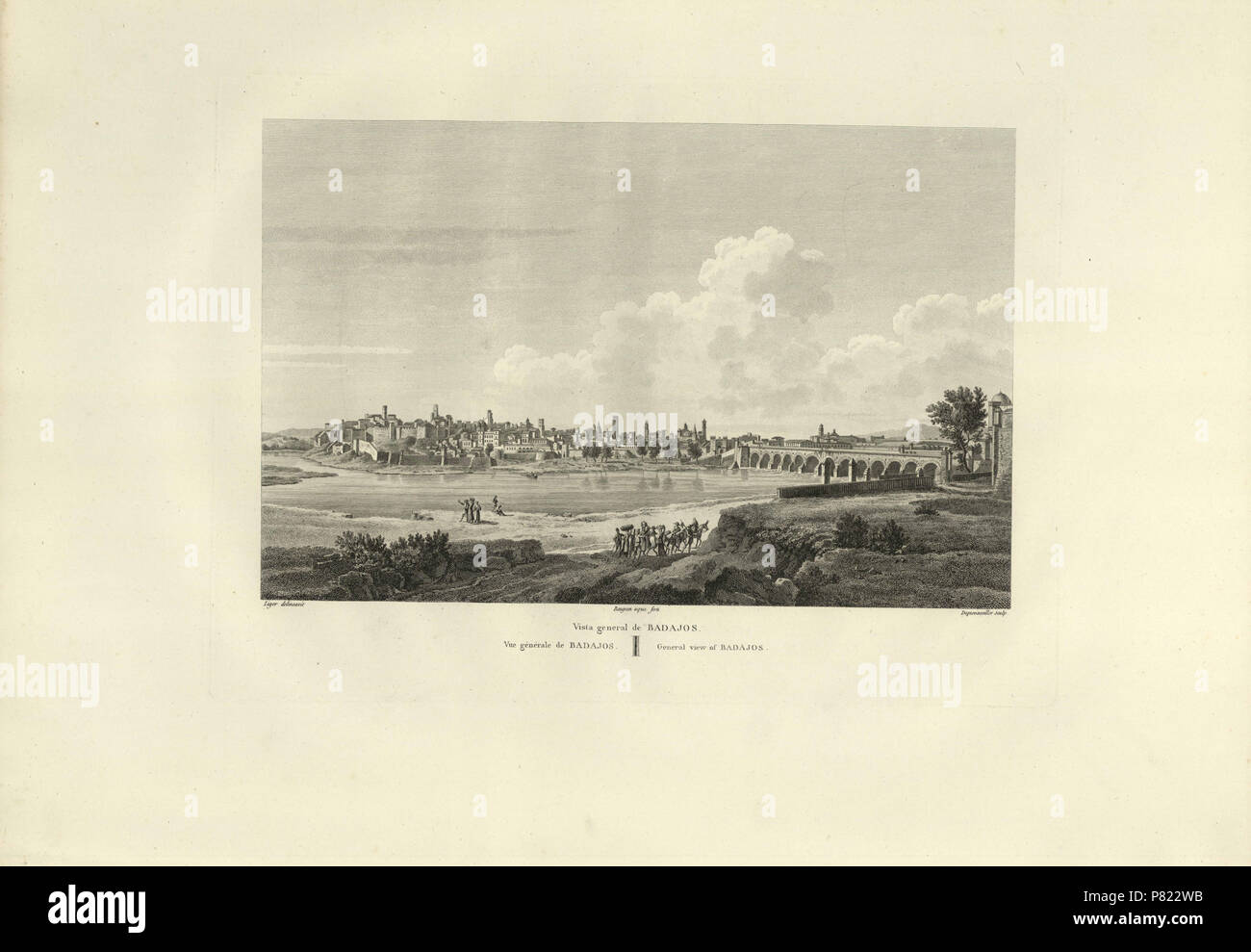 Español: Vista general de Badajoz. 1811 3 1806-1820, Voyage pittoresque et historique de l'Espagne, tomo I, Vista general de Badajos Stock Photo