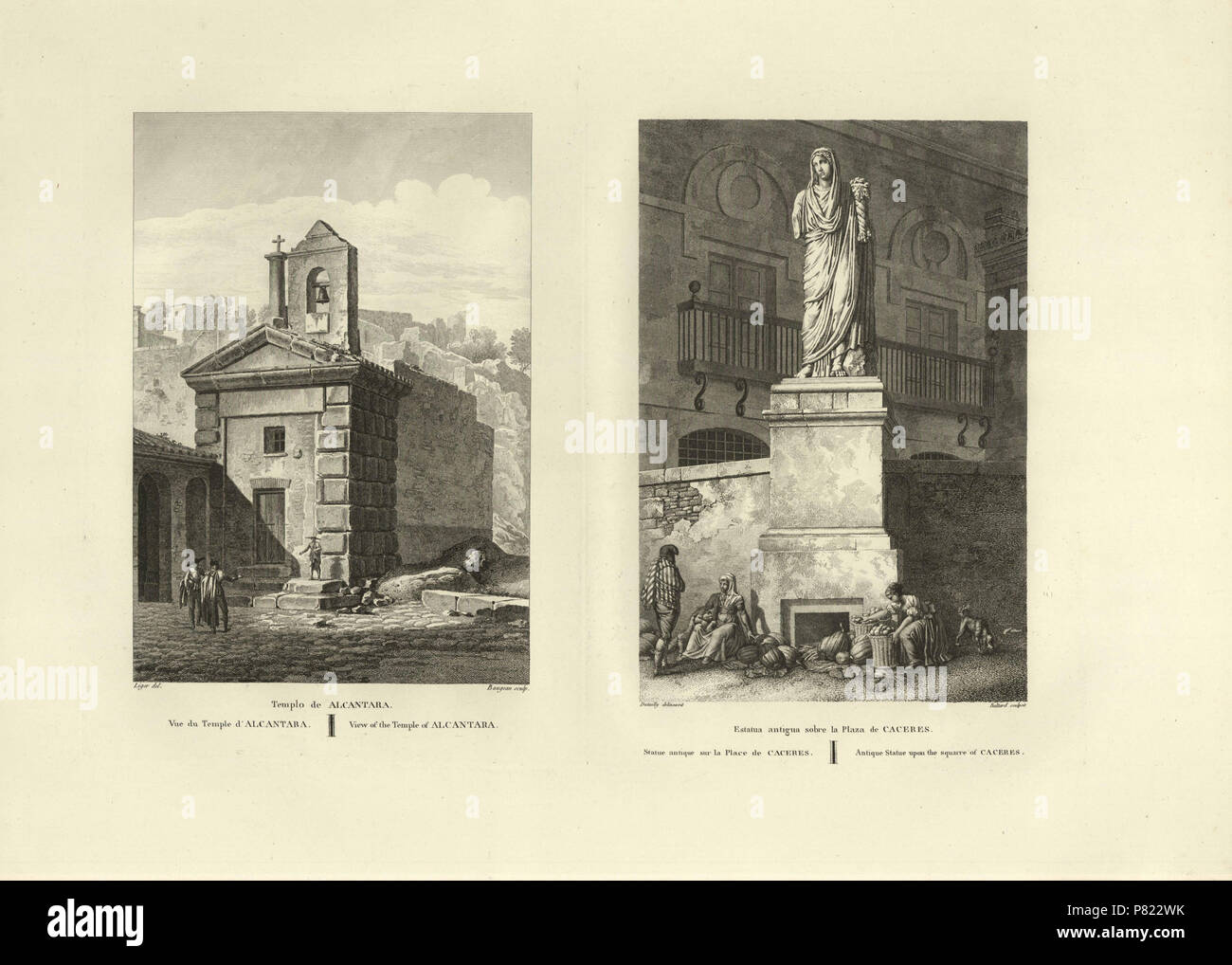 3 1806-1820, Voyage pittoresque et historique de l'Espagne, tomo I, Templo de Alcántara, Estatua antigua sobre la plaza de Cáceres Stock Photo