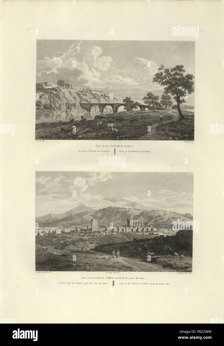 Español: Vista de la ciudad de Coria. Vista de la ciudad de Coria tomada desde la parte del norte. 1811 3 1806-1820, Voyage pittoresque et historique de l'Espagne, tomo I, Coria Stock Photo