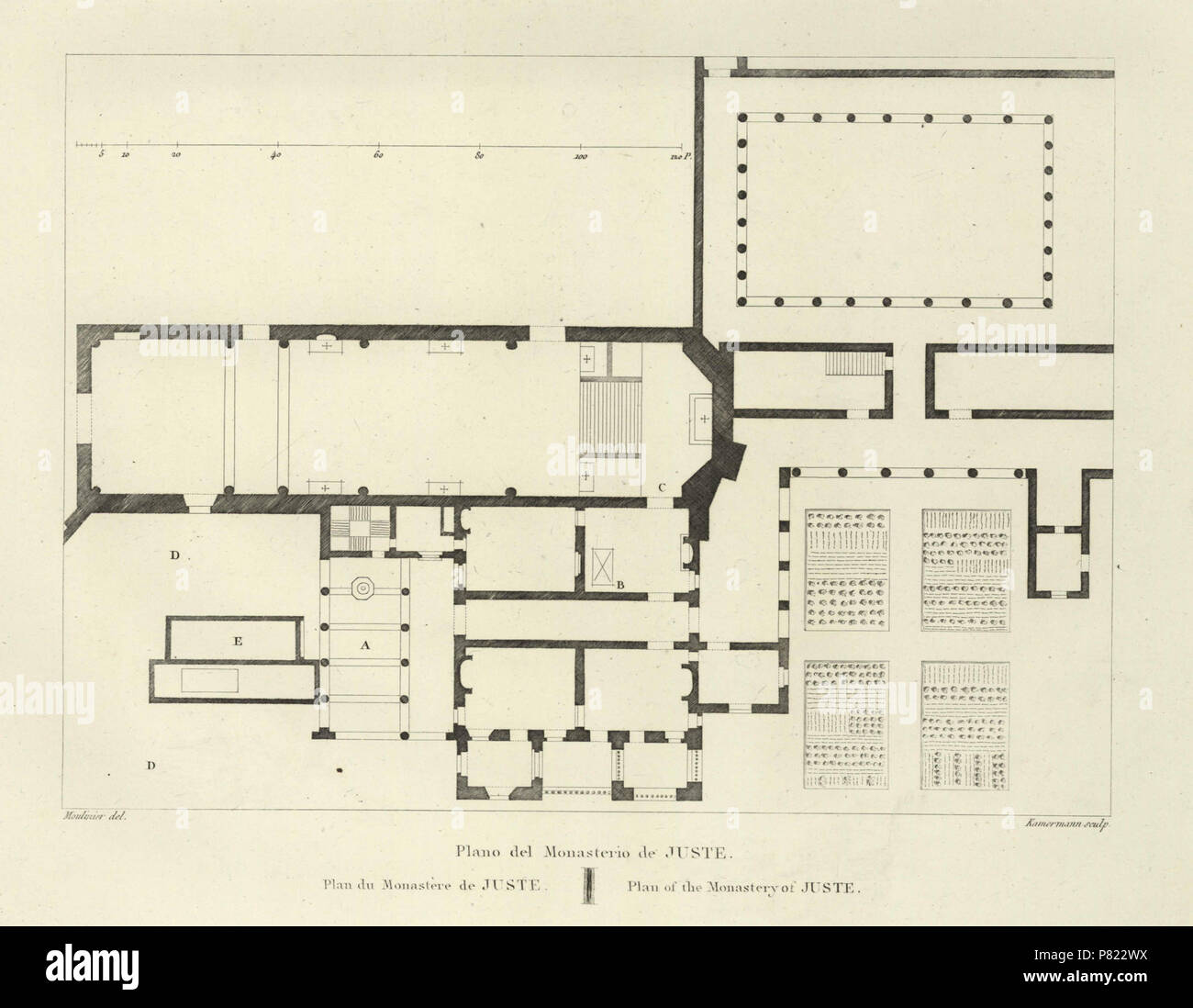 Español: Plano del monasterio de Yuste. 1811 3 1806-1820, Voyage pittoresque et historique de l'Espagne, tomo I, Plano del monasterio de Juste (cropped) Stock Photo