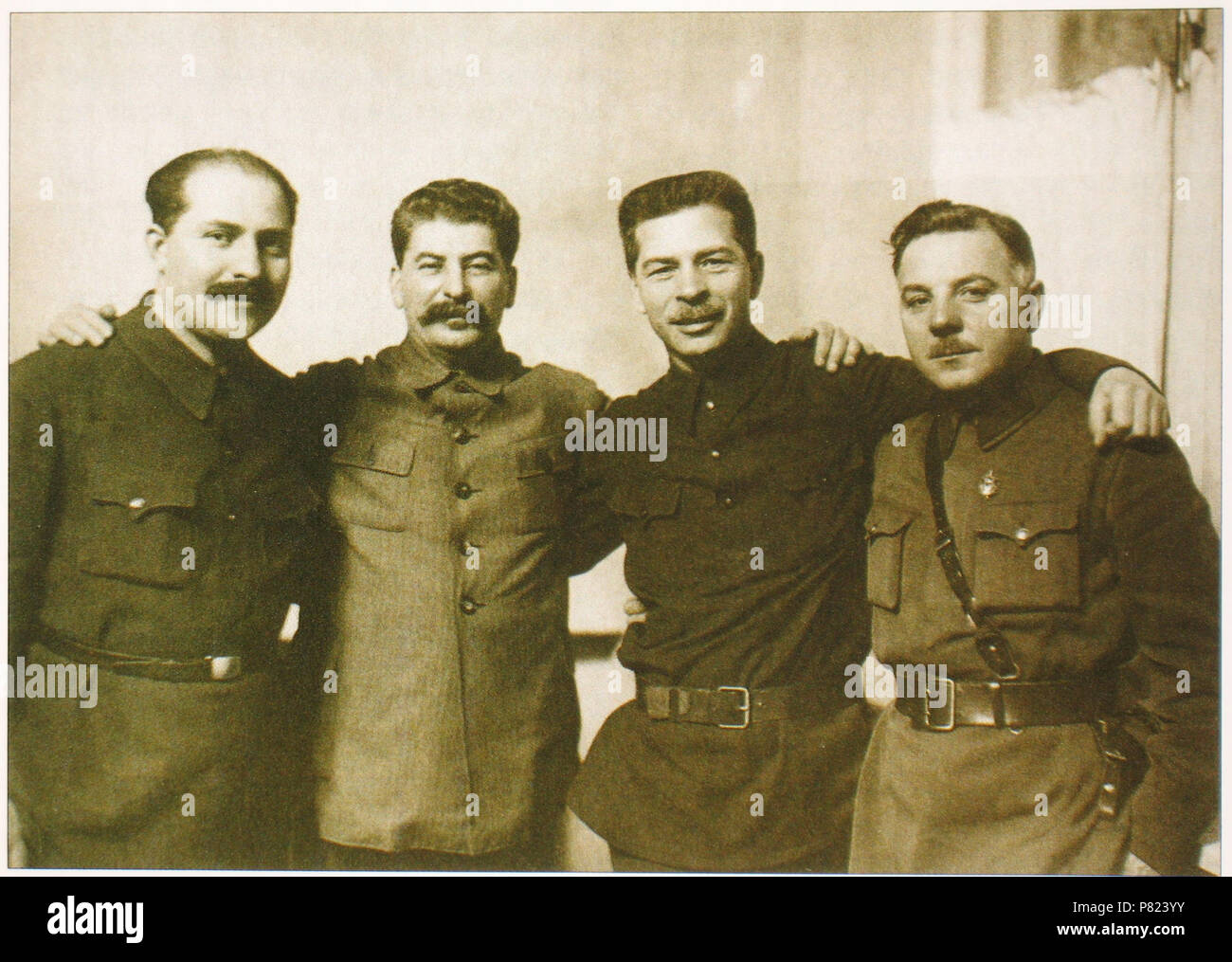 English: Lazar Kaganovich, Joseph Stalin, Pavel Postyshev and Kliment Voroshilov in january, 1934. January 1934 226 Kaganovich stalin postyshev voroshilov1934 Stock Photo