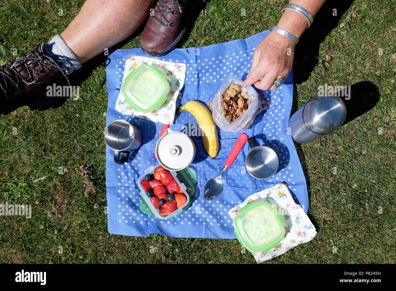 A breakfast picnic of muesli fruit yogurt and coffee laid out on a blue and white spotted table cloth on the grass on a sunny day a persons leg and hi Stock Photo