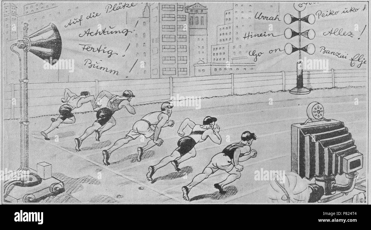 English: A humorous cartoon from the 1936 Berlin Olympics envisages the year 2000. Television technology has progressed to the point where spectators can watch events at home while radio, applying 'wireless' technology, carries their promptings and applause to loudspeakers in the stadium. It appeared in the Olympia-Sonderheft of the Berliner Illustrierte Zeitung. 5 June 2012 293 Olympic Final 2000 (1936 cartoon) Stock Photo