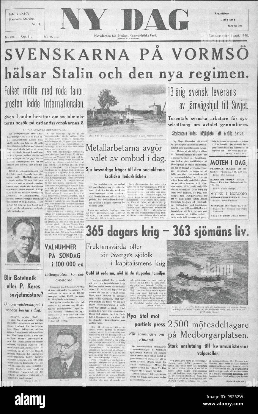 English: Swedish communist daily New Dag reports about Soviet's occupation  of Estonia. The headline says: 'The Swedes on Wormsö greets Stalin and the  new regime'. Svenska: Kommunisttidningen Ny Dag rapporterar om Sovjets