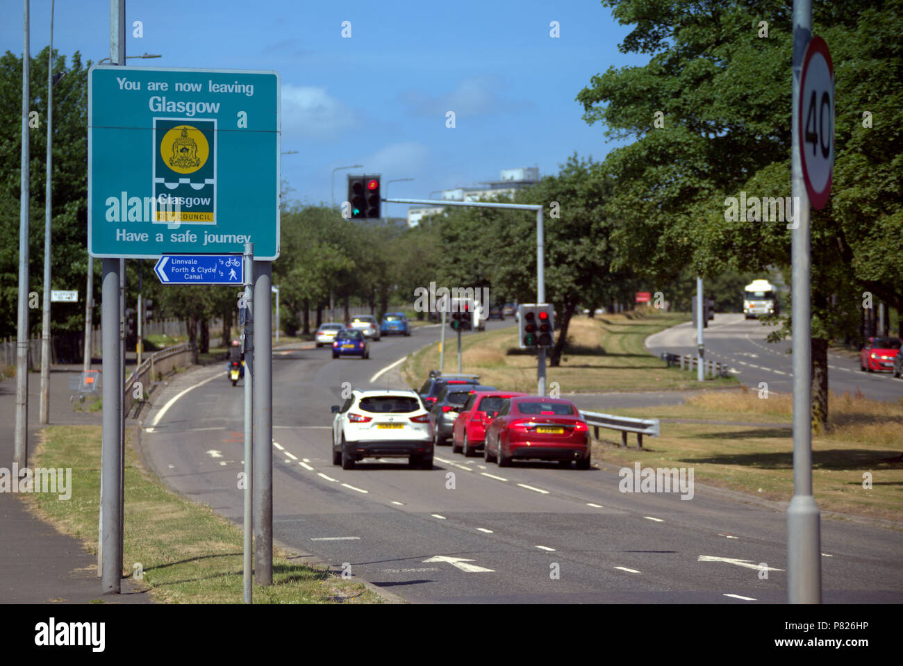 A82   A 82 you are now leaving Glasgow sign  Great Western Road, Glasgow, UK Stock Photo