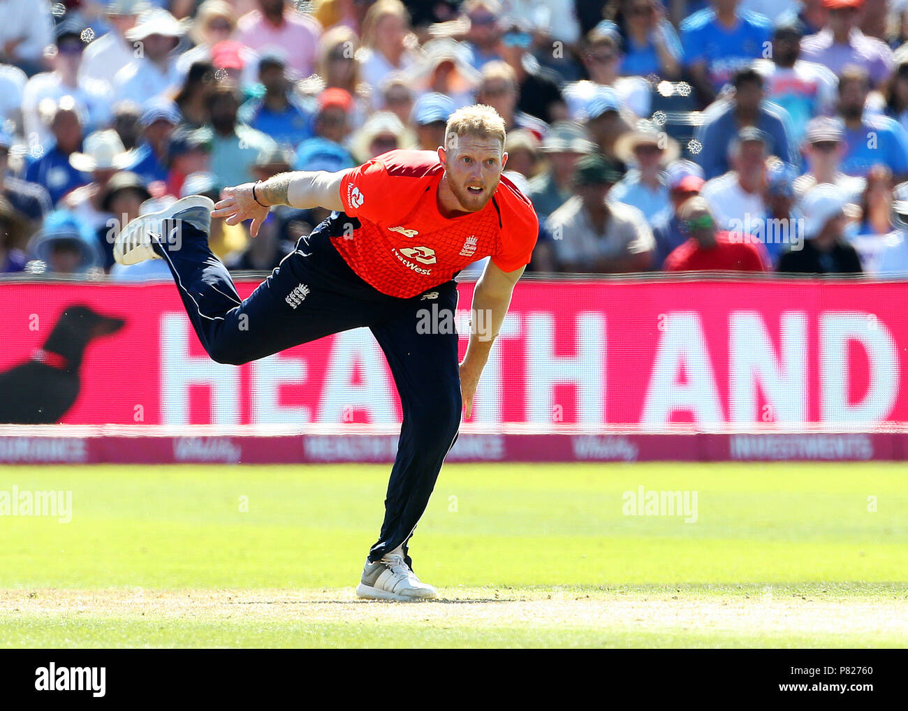 England's Ben Stokes in bowling action during the Second Vitality IT20 Series Match at the Brightside Ground, Bristol. Stock Photo