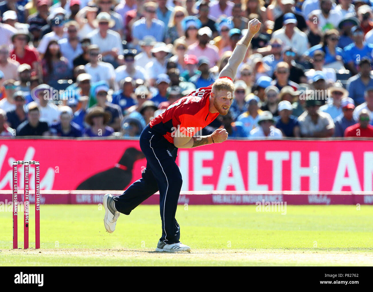 England's Ben Stokes in bowling action during the Second Vitality IT20 Series Match at the Brightside Ground, Bristol. Stock Photo