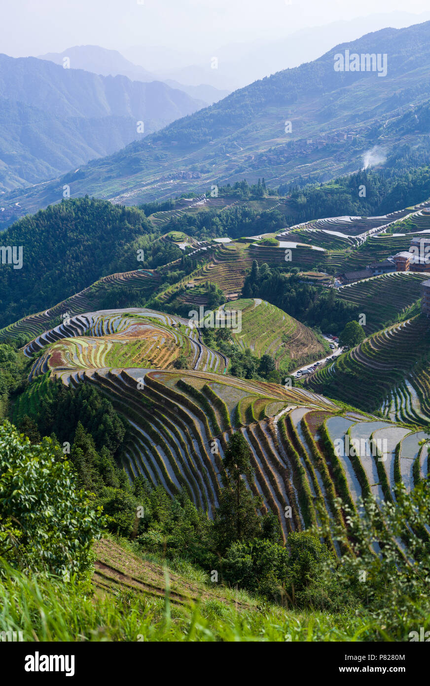 Panorama of Longji Rice Terraces - Dragon's Backbone - with village in ...