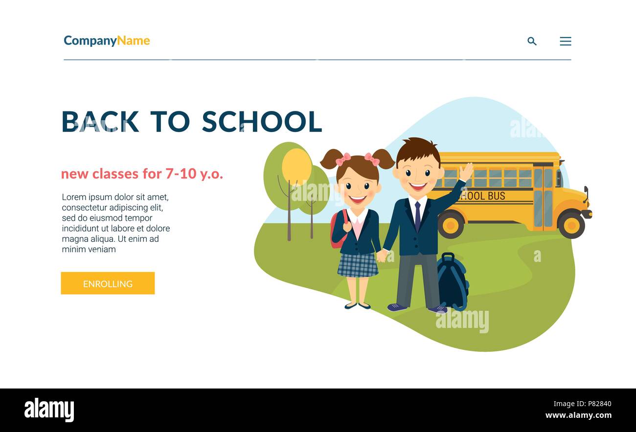 Back to school illustration of two happy pupils wearing uniform and bus ...