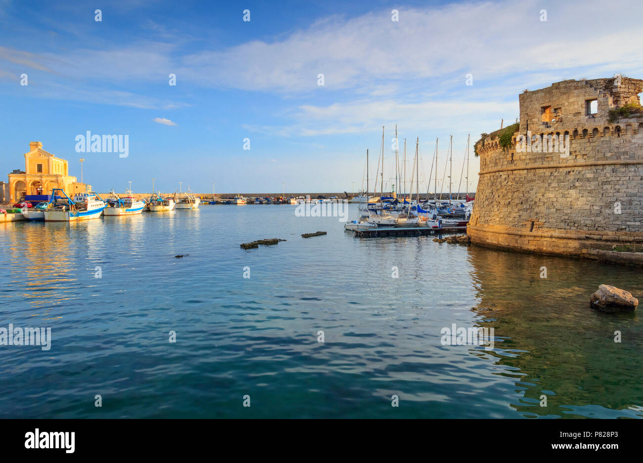 Panoramic view Angevine-Aragonese Castle of Gallipoli, Apulia (ITALY).The harbour and the old wallls. Stock Photo