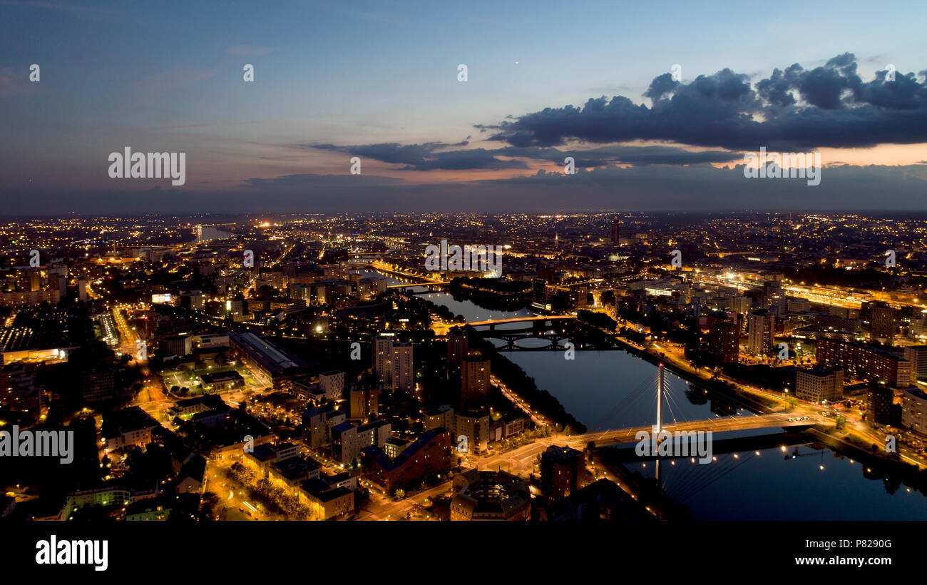 Aerial photography of Nantes city at night, Loire Atlantique Stock Photo