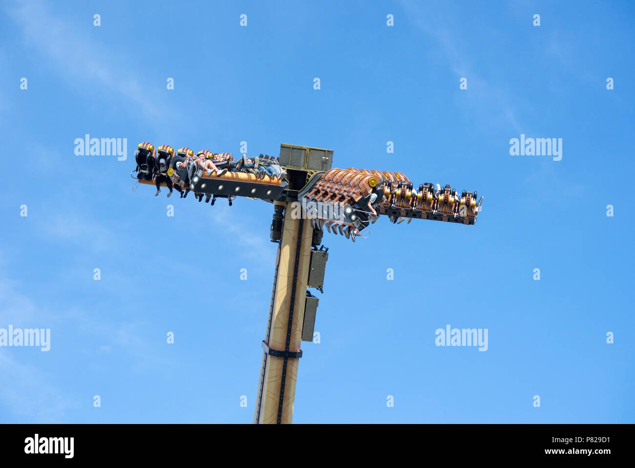 People enjoying a ride on one of the white knuckle attractions at the Liseberg amusement park in the center of Gothenburg, Sweden Stock Photo