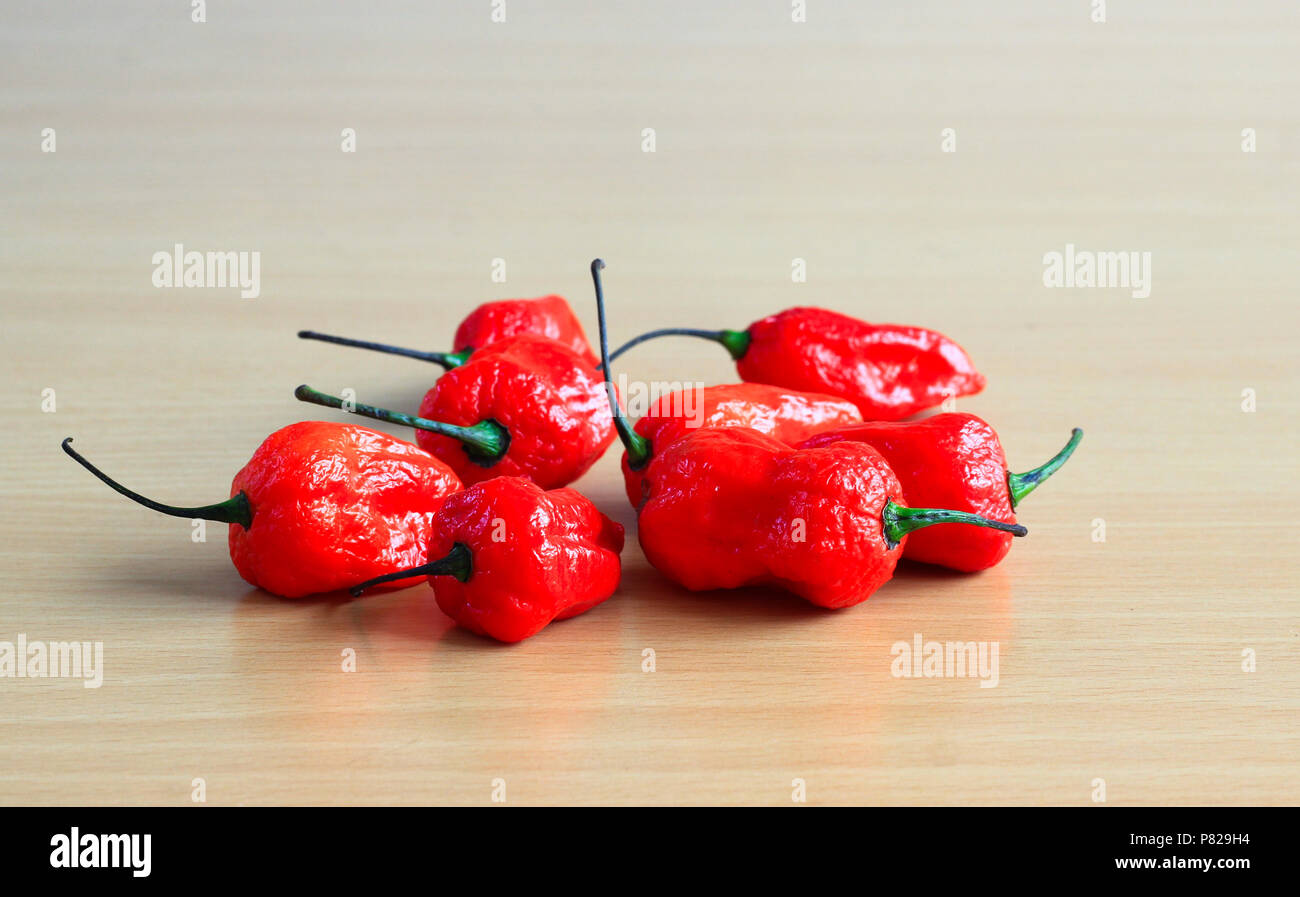 Bunch of Red Bhoot Jolokia Spicy ghost pepper isolated in wooden background with space for text Stock Photo