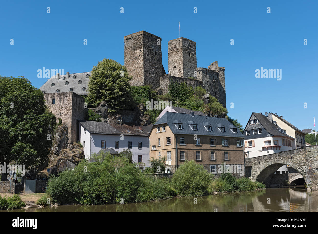 The castle of Runkel and the historic old town on the Lahn River, Hesse, Germany Stock Photo