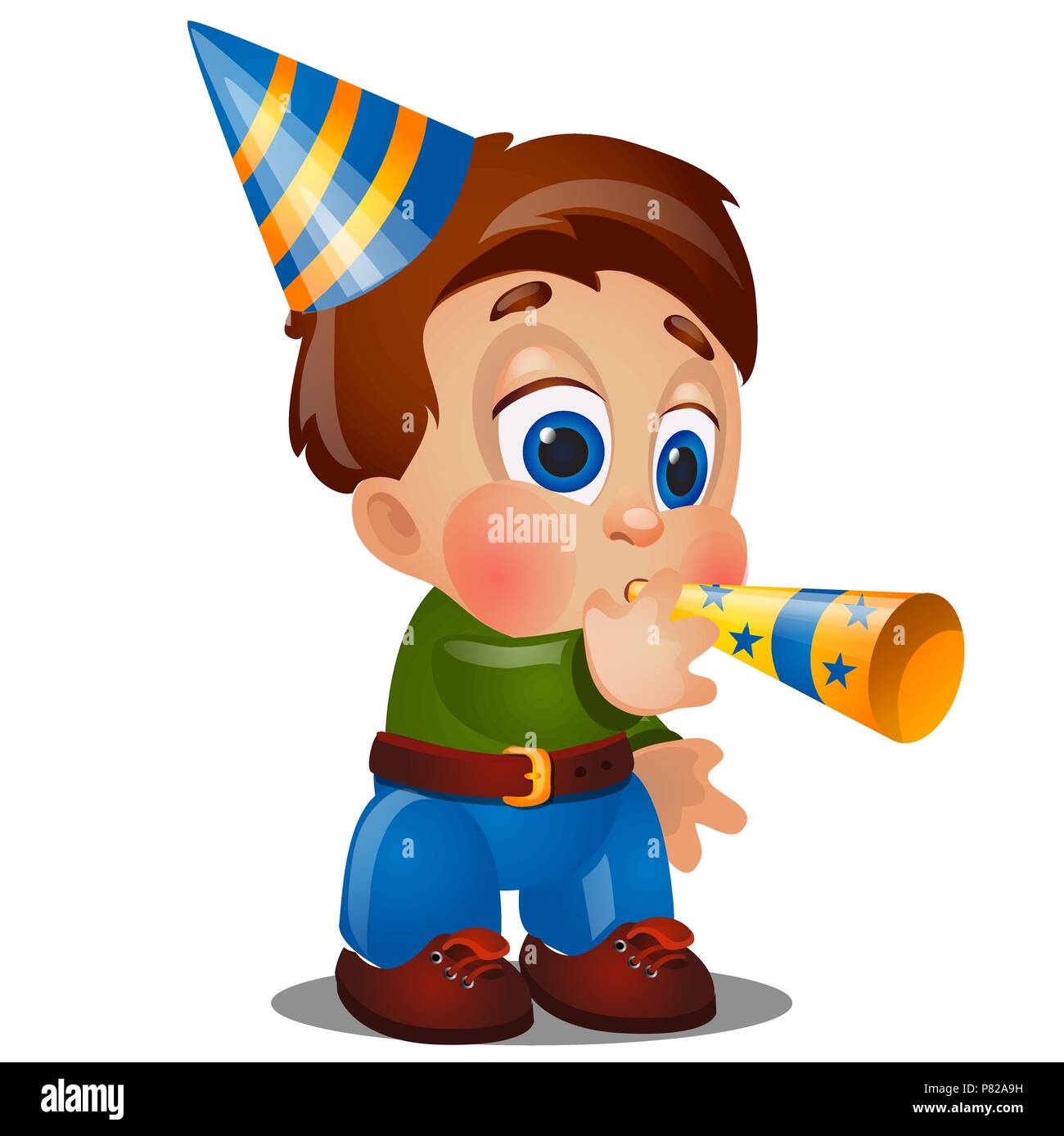 A little happy animated boy are blowing on festive pipes at birthday party  isolated on white background. Vector cartoon close-up illustration Stock  Vector Image & Art - Alamy