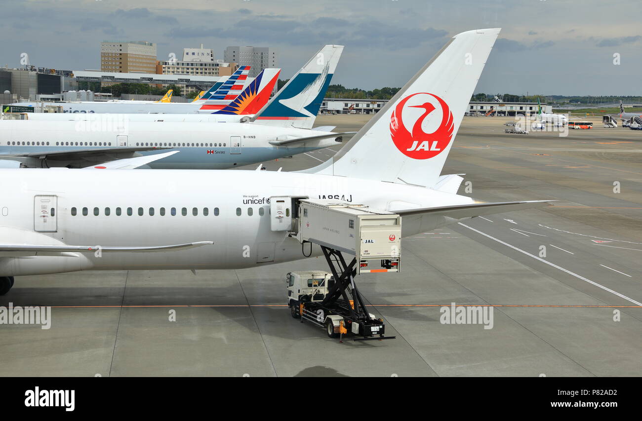 NARITA JAPAN, MAY 2018 : Process of Pre-flight service and handling. Luggage and catering loading at Narita Airport. Stock Photo