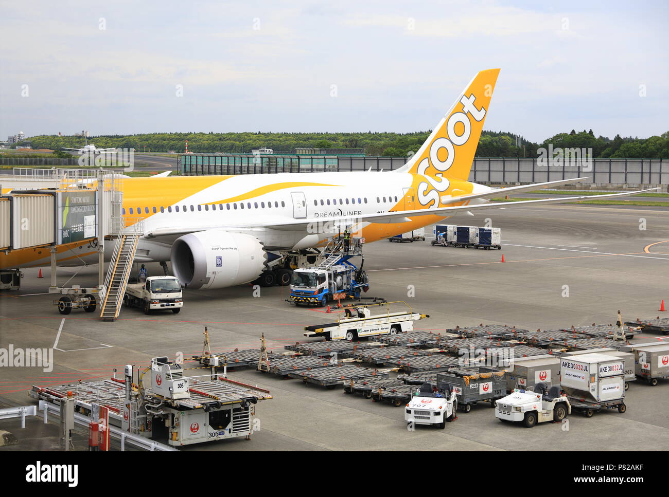 NARITA JAPAN, MAY 2018 : Ground Handling services, Container Loader and Container/pallet Dolly wait for service at Narita Airport. Stock Photo