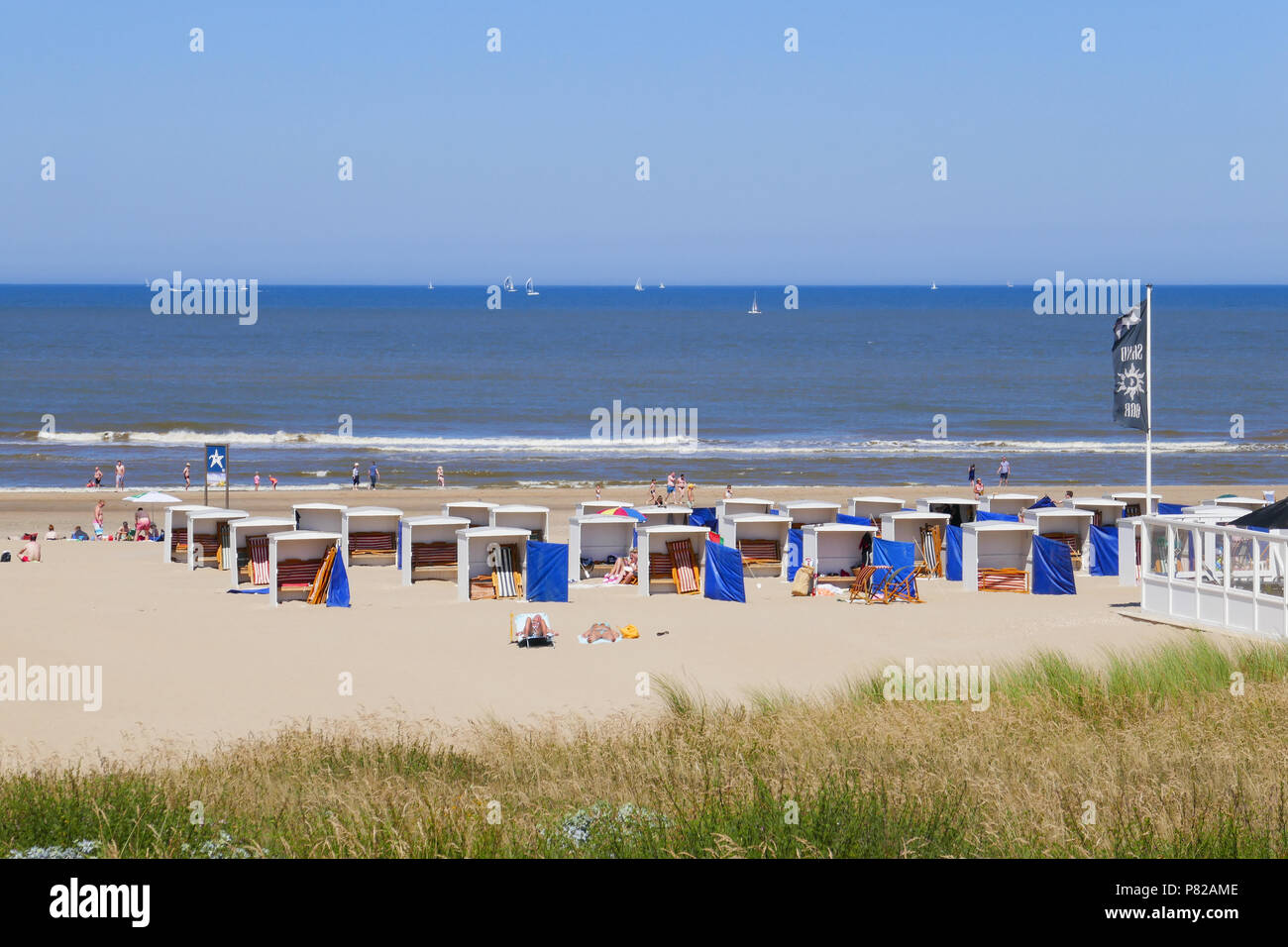 wooden beach houses at the beach in Katwijk aan Zee, holland Stock Photo