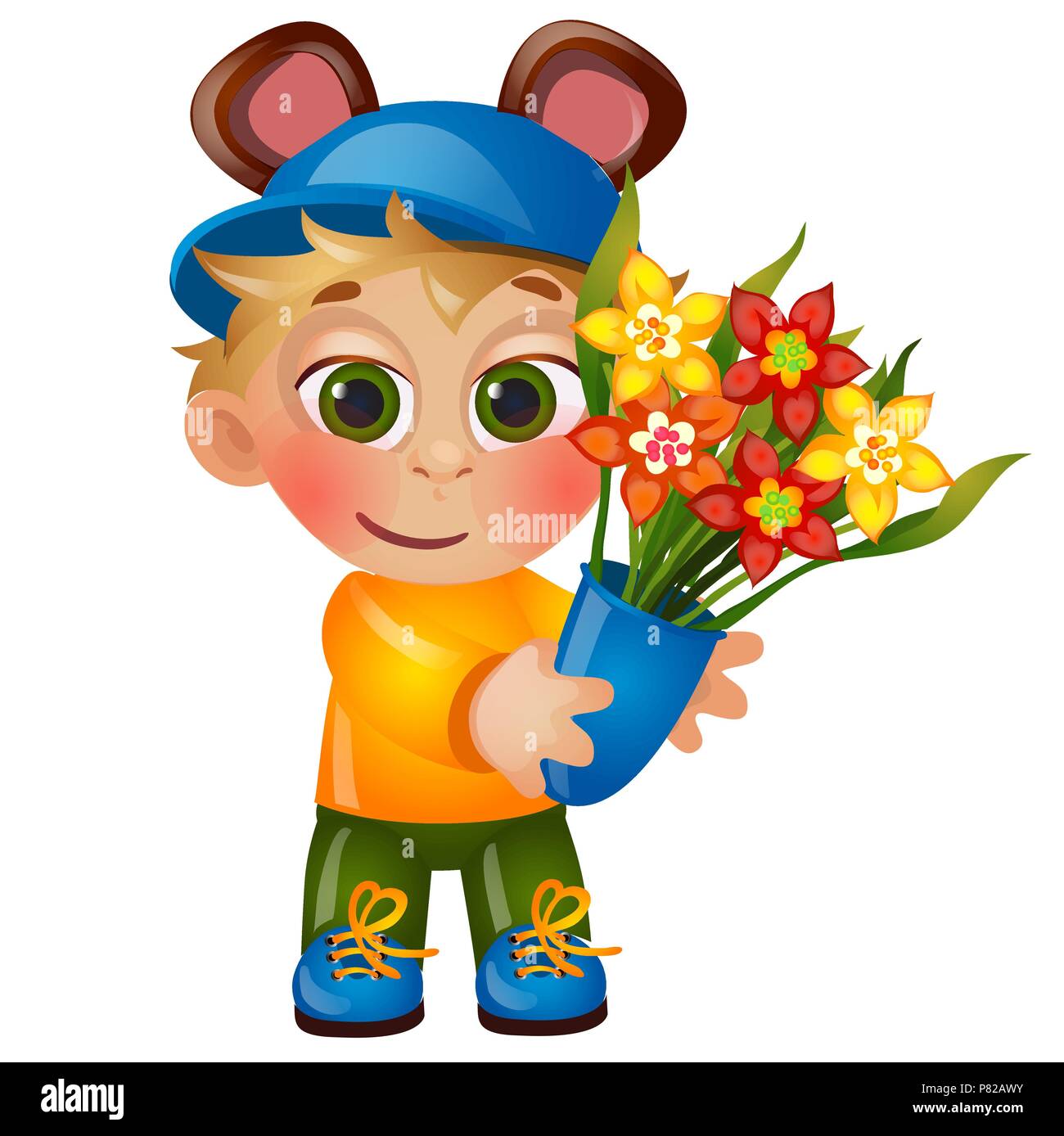 A little happy animated boy with eared hat holding a bouquet of blooming flowers isolated on white background. Vector cartoon close-up illustration Stock Vector Image & Art - Alamy A little happy animated boy with eared hat holding a bouquet of blooming flowers isolated on white background. Vector cartoon close-up illustration Stock Vector Image & Art - Alamy