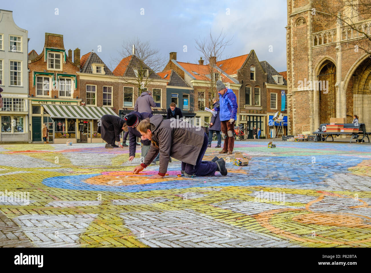 Colorful paintings are drawn annually on the street, city of Delft, Netherlands Stock Photo